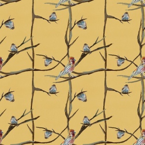 Pastel and watercolor bird motifs on yellow background 
