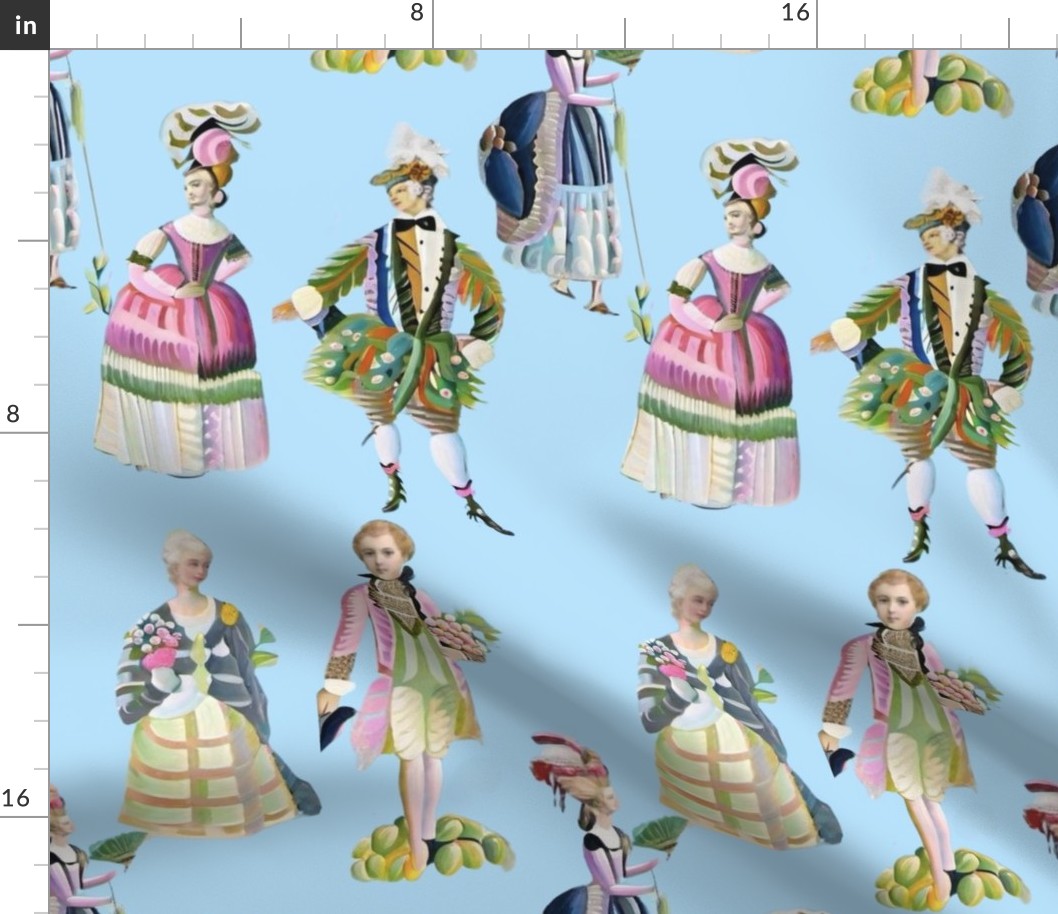 Stylised painted French court figures on sky blue