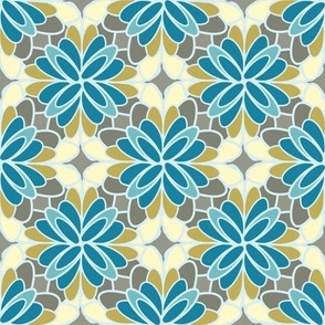 Geo Floral Teal Blue Yellow Green Brown