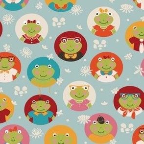 Frogtastic Friends Fashion - Adorable Frog Characters and Soft Florals on Serene Blue - Medium Scale