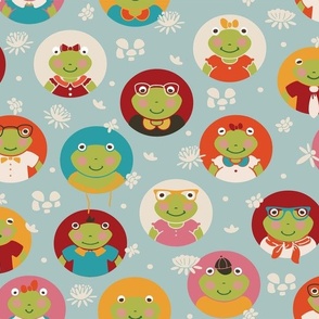 Charming Frogtastic Friends | Whimsical Frogs pattern on Light Blue - Large Scale