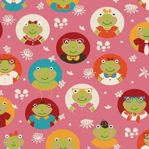 Enchanted Frogtastic Friends - Whimsical Frog Portraits on Playful Pink | Medium Scale
