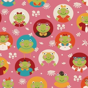 Enchanted Frogtastic Friends - Whimsical Frog Portraits on Playful Pink | Large Scale
