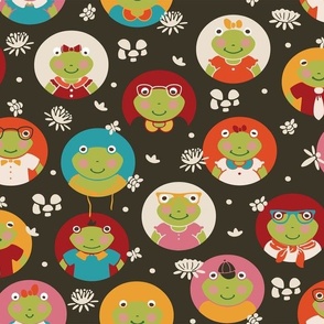Enchanted Frogtastic Friends | Magical Frogs and pattern on Deep Brown | Large Scale