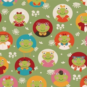 Frogtastic Friends Meadow - Joyful Frog Circle Portraits on Spring Green| Large Scale