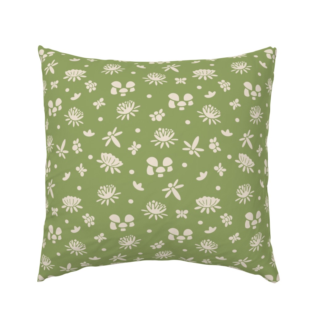 A Cream Botanicals and Lily pads pattern on Olive Green | Medium Scale 