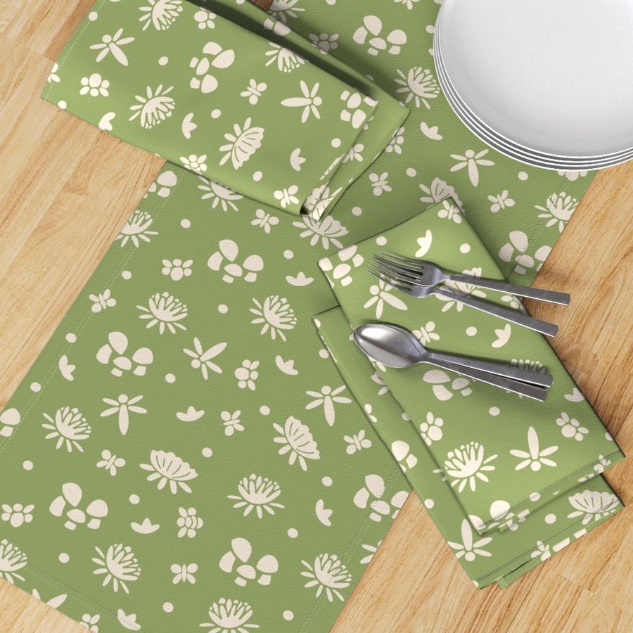 A Cream Botanicals and Lily pads pattern on Olive Green | Medium Scale 