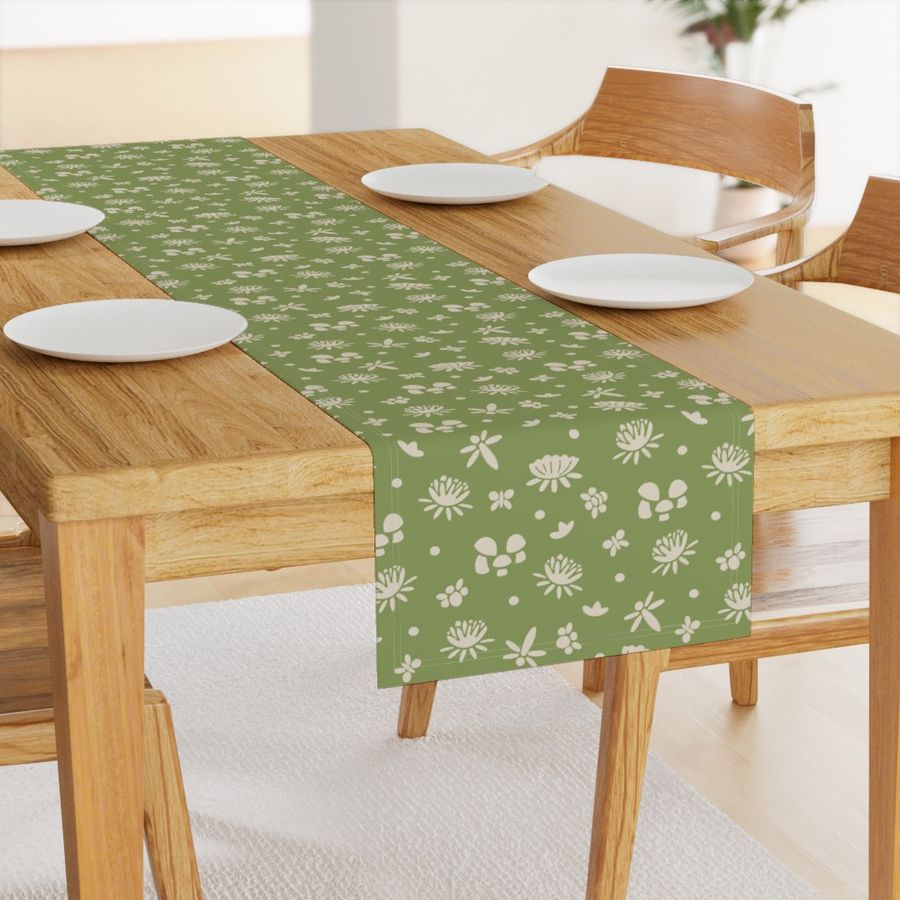 A Cream Botanicals and Lily pads pattern on Olive Green | Medium Scale 