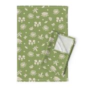 A Cream Botanicals and Lily pads pattern on Olive Green | Medium Scale 