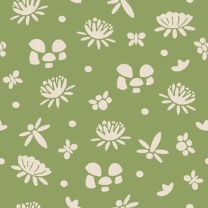 Verdant Toadstool Wonderland - Cream Botanical Elements on Olive Green
