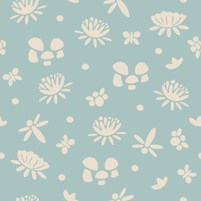 Toad-ally Tranquil Pattern | Cream Flora and Fungi on Light Blue 