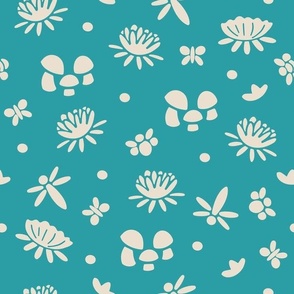 Serene Sea Blue Toadstool Design - Cream Flora motifs on Aquatic Blue Print