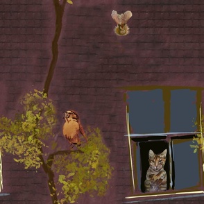 Kitty cat in window watching birds in trees in neighborhood 