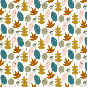 Falling Leaves and Acorns with Happy Faces in pink, blue, rust, sage green, and mustard on cream background.