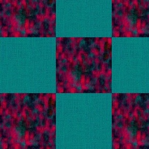 6” checkerboard checkers checks  with faux burlap woven texture and painterly mark making for tropical  leap frogs on dark cerulean teal and deep red, blue black and deep teal cerulean
