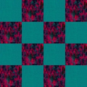 4”  checkerboard checkers checks  with faux burlap woven texture and painterly mark making tiled half drop coordinate for tropical  leap frogs on dark cerulean teal and deep red, blue black and dark teal cerulean blue