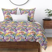 Colorful tropical beach pattern with starfish and palm leaves.