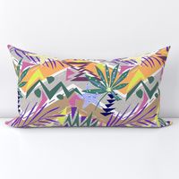 Colorful tropical beach pattern with starfish and palm leaves.