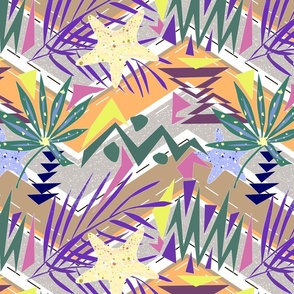 Colorful tropical beach pattern with starfish and palm leaves.