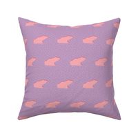 Pink frogs and flies on a purple background (medium)