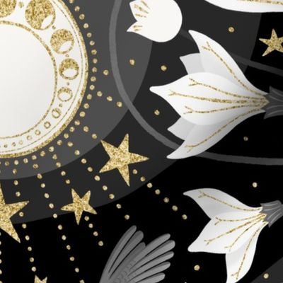 L / Art Nouveau Moon Floral Hummingbird / Black and Gold Art Deco Wallpaper