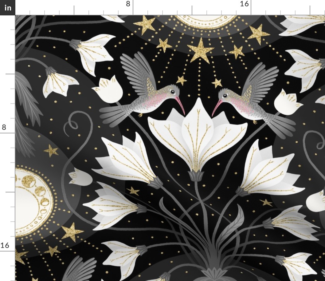 L / Art Nouveau Moon Floral Hummingbird / Black and Gold Art Deco Wallpaper
