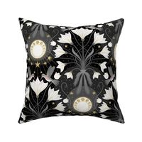 M / Art Nouveau Moon Floral Hummingbird / Black and Gold Art Deco