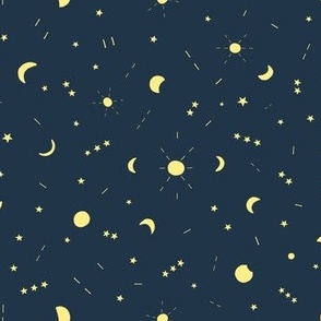 SMALL - Night sky with moons, stars, suns; hand-drawn as scattered non-directional pattern