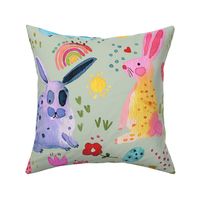 Easter Forest in spring - Colorful bunnies and rabbits floral - Multicolor easter Green - Jumbo Large