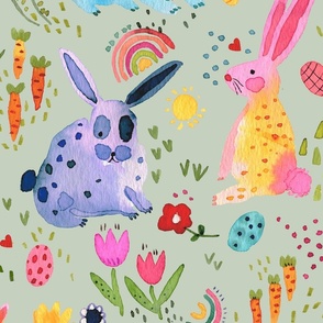 Easter Forest in spring - Colorful bunnies and rabbits floral - Multicolor easter Green - Jumbo Large