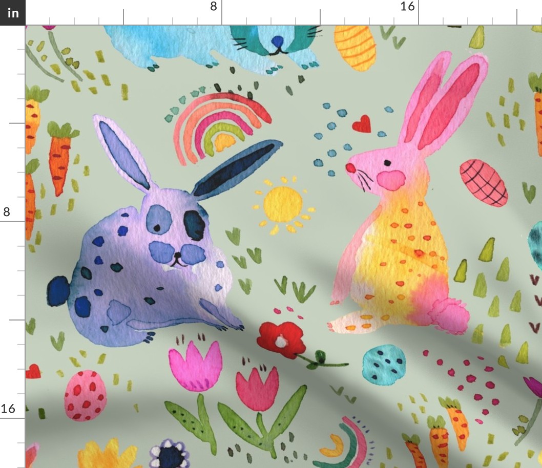 Easter Forest in spring - Colorful bunnies and rabbits floral - Multicolor easter Green - Jumbo Large