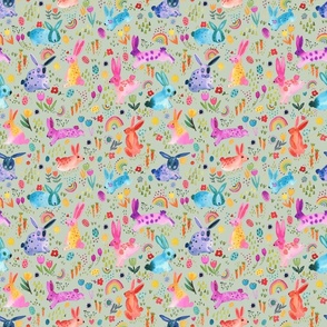 Easter Forest in spring - Colorful bunnies and rabbits spring floral - Multicolor spring Green - Small