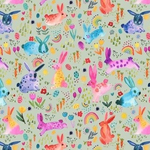Easter Forest in spring - Colorful bunnies and rabbits spring floral - Multicolor easter Green - Micro