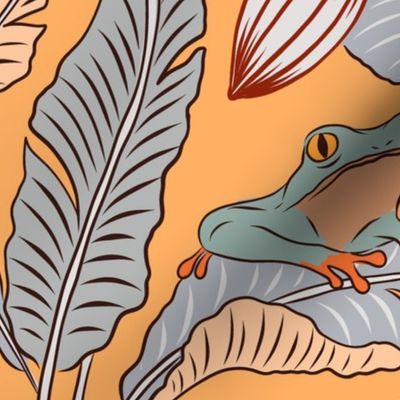 (L) Tropical tree frogs, banana leaves and flowers in  neutral shades on bright orange background