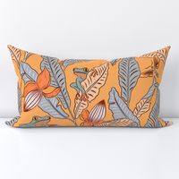 (L) Tropical tree frogs, banana leaves and flowers in  neutral shades on bright orange background