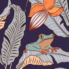 (L) Tropical tree frogs, banana leaves and flowers in  neutral shades on dark purple background