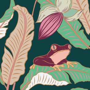 (L) Tropical tree frogs, banana leaves and flowers in forest green shades on dark emerald background