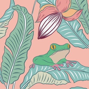 (L) Tropical tree frogs, banana leaves and flowers in  pastel shades on salmon pink  background