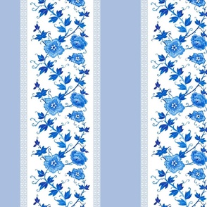 (M) Vertical Blue  Chinoiserie Flowers  with stripes - watercolor