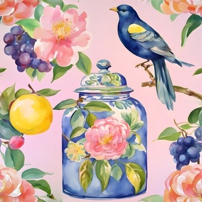 Blue bird of luck and ginger jars garden