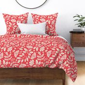Large scale / Bright red and beige moths whimsical spring garden / Maximalist butterflies leaves florals in cream ivory on rich jewel scarlet / Non directional tossed flowers night bugs botanicals