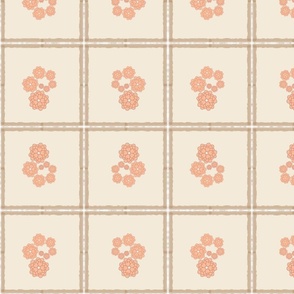 central peach fuzz flowers, brown  lace stripes - Gingham (Vichy check) pantone color 2024, beige