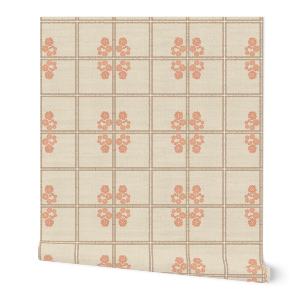 Mirror - brown lace stripes with  peach fuzz flowers  - Gingham (Vichy check) pantone color 2024, pastel beige