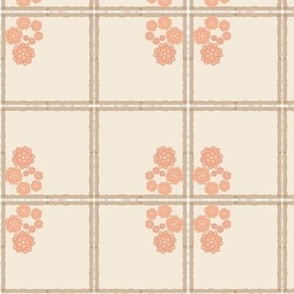 Mirror - brown lace stripes with  peach fuzz flowers  - Gingham (Vichy check) pantone color 2024, pastel beige