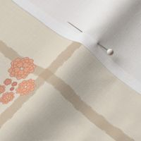 Mirror/half-brick -  brown  lace plaid with peach fuzz flowers - Gingham (Vichy check) pantone color 2024, pastel beige