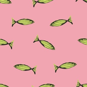 bright yellow green fish on pink