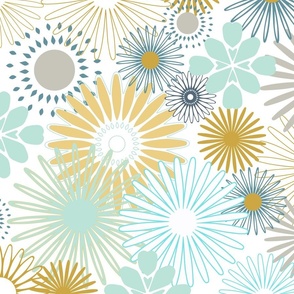 Whimsical Florets On An Off-White Background, Light Grey, Gold, Teal and Navy