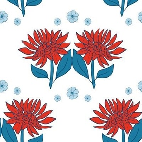 Summer flowers in crimson red and navy blue on white