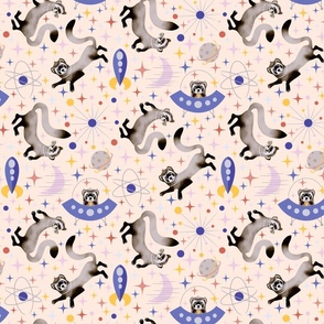 Black-Footed Ferrets in Space retro MID MOD atomic mid century modern spaceship planets sparkling stars moon on pink beige ecru primary colors red blue yellow |  fun animals kids bedroom | large
