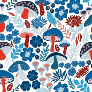 Mushrooms and florals blue red and white 